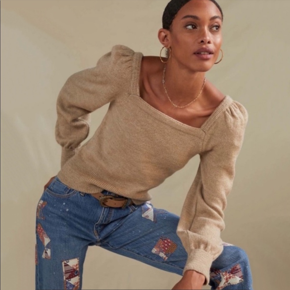 NWT Anthropologie Square Neck Balloon Puff Sleeve Sweater In Beige